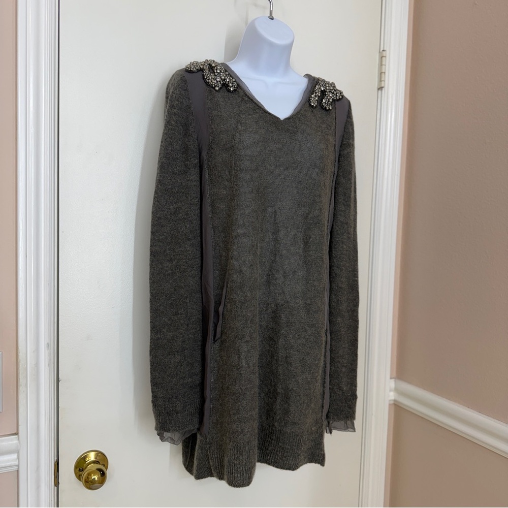 Obzee Kang Jin Young Gray Beaded Embellished Knit Tunic Dress Made In Korea Sz M
